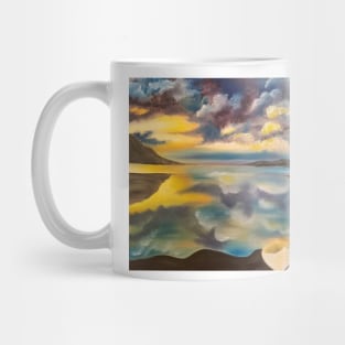 Life Boat, Sky, Water, Lake, Clouds, Skyscape, Waterscape, Row Boat, Blue and yellow, cloudy sky painting Mug